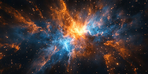 Realistic photograph of a nebula in space, featuring blue and orange colors, with stars surrounding it.