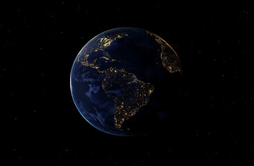Obraz premium Realistic Earth from space at night, with lights glowing in cities, showcasing global connectivity and the planet's atmosphere.