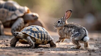 Naklejka premium A rabbit hops playfully towards the turtles on a vibrant path. The sun shines brightly.