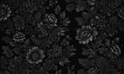 Deep black floral wallpaper with rich botanical detail  Luxury, black, floral, intricate, wallpaper, pattern, black, floral