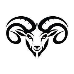 Black and white stylized illustration of a ram's head Logo or silhouette