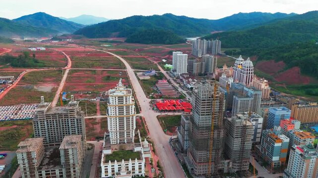 drone aerial view of Boten city in Laos located in Luang Namtha Province, on the China&ndash;Laos border