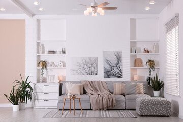 Comfortable sofa, houseplants and decorative elements in living room. Interior design