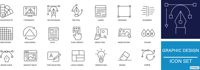 A modern line icon set representing essential graphic design elements like typography, color palettes, layouts, and creative tools