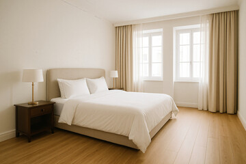 High-resolution image of a spacious, bright minimalist bedroom featuring a large bed, elegant modern furniture, and floor-to-ceiling windows. The natural light and clean aesthetic create a serene 