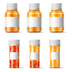 Realistic plastic medicine bottles. Empty and full containers for pills. Medical treatment. Pharmaceutical capsules. Vitamin and supplements. Prescription meds. Vector 3D objects set