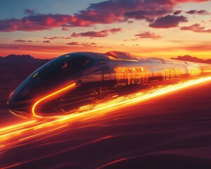 High speed train sunset fiery trail