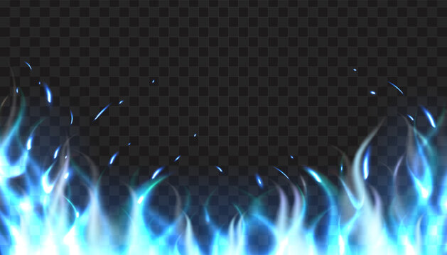 Realistic blue flames on transparent background. Burning fire. Blazing frame. Gas explosion. Fiery shiny border. Heat energy. Hell combustion. Flammable butane ignition. Vector 3D effect