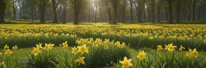 Obraz premium Sunlit daffodil field, vibrant yellow blooms, lush green grass, season, flora, cheerful