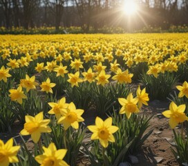 Fototapeta premium Sunlit field of vibrant yellow daffodils in full bloom , yellow, golden yellow