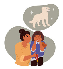 Mom comforts little girl crying over death of her beloved dog. Mother supporting daughter. Pet owner despair. Kid remembers deceased doggy companion. Sorrow and grief. Vector concept