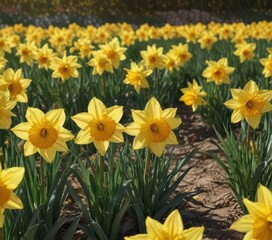 Sunlit field of vibrant yellow daffodils, petals glistening ,  background,  bright,  joyful