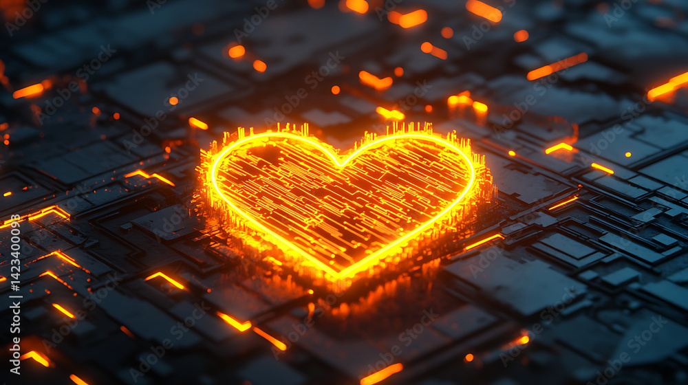 Poster digital heart symbol glowing with orange light on dark textured background in a modern abstract desi
