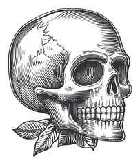 Naklejka premium Detailed Skull Illustration in Linocut Engraving Style