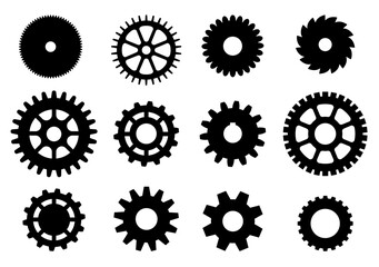 Gears mechanical devices and mechanisms. Silhouette cogwheels. Engineering construction. Mechanism assemble. Industrial equipment. Spinning cog wheel. Vector black flat rotate circles set