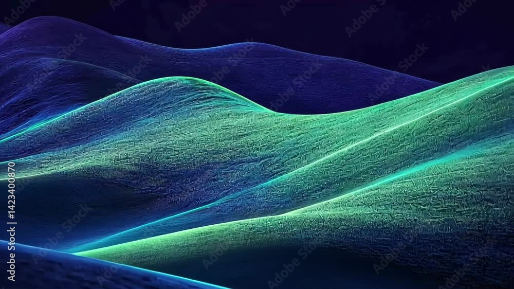 Poster mesmerizing waves of color dance in the night over otherworldly terrain illuminated by soft, magical