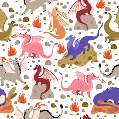 Evil dragons breathe fire seamless pattern. Cartoon mythical creatures. Fabulous reptiles fly. Winged and horned animals. Repeated print. Mythological lizard on stone. Vector background