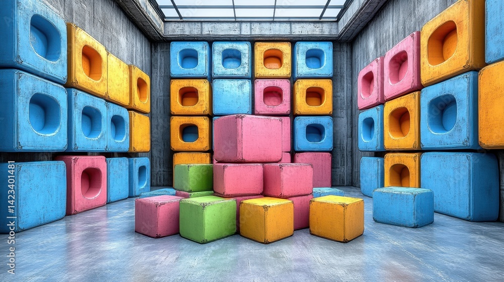 Aufkleber vibrant room filled with numerous colorful boxes creating a playful and abstract pixelated environme