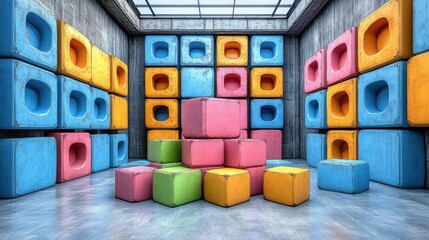 Vibrant room filled with numerous colorful boxes creating a playful and abstract pixelated environment