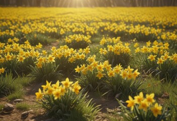 Obraz premium Golden daffodils carpet a sunny field, vibrant springtime scene, outdoor, photography