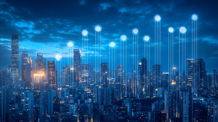 Fototapeta premium Night City Skyline with Digital Network Connections