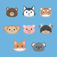 cute baby animal head character set in isolated background