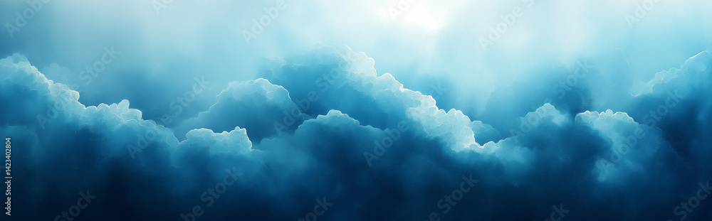Poster a serene view of fluffy blue clouds with sunlight filtering through the ethereal atmosphere above th