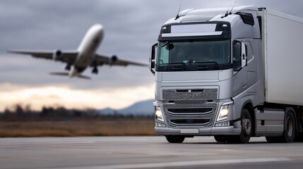 Commercial truck and airplane on airport tarmac.  Transporting goods between air and road