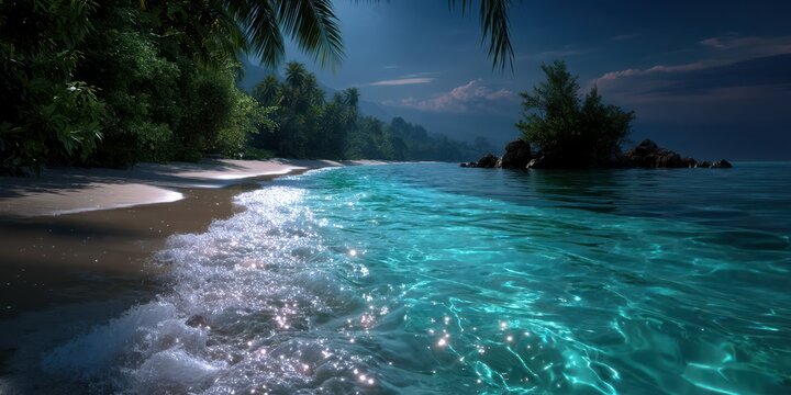 Serene tropical beach during twilight featuring clear turquoise waters and lush greenery along the shore