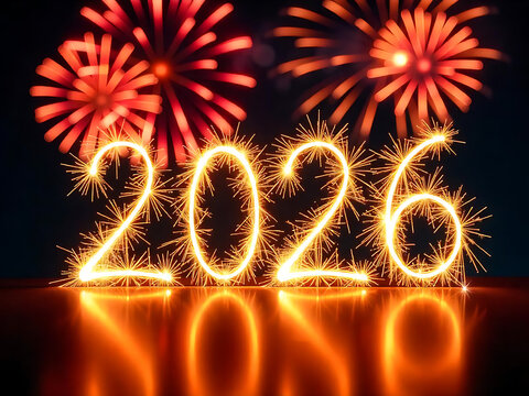 happy new year, new year's eve, silvester, new year, celebration greeting card, new year card - Year 2026 in sparkler font and firework fireworks pyrotechnic, isolated on black night sky background.