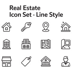 Real Estate Line black Icon Set. A comprehensive collection of stylish and professional icons designed for the real estate industry, perfect for enhancing property listings, websites,
