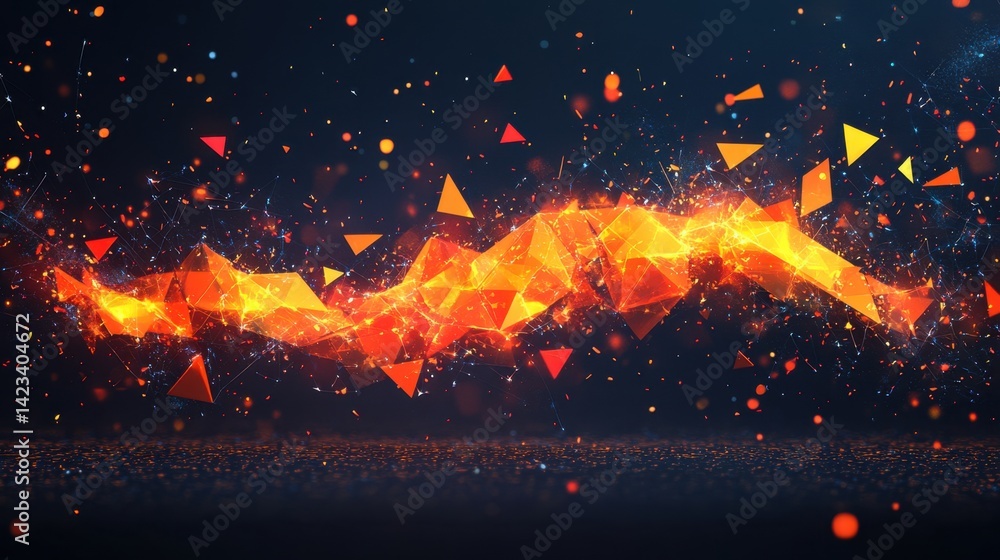 Poster dark background featuring a dynamic array of orange and red triangles forming an abstract geometric 