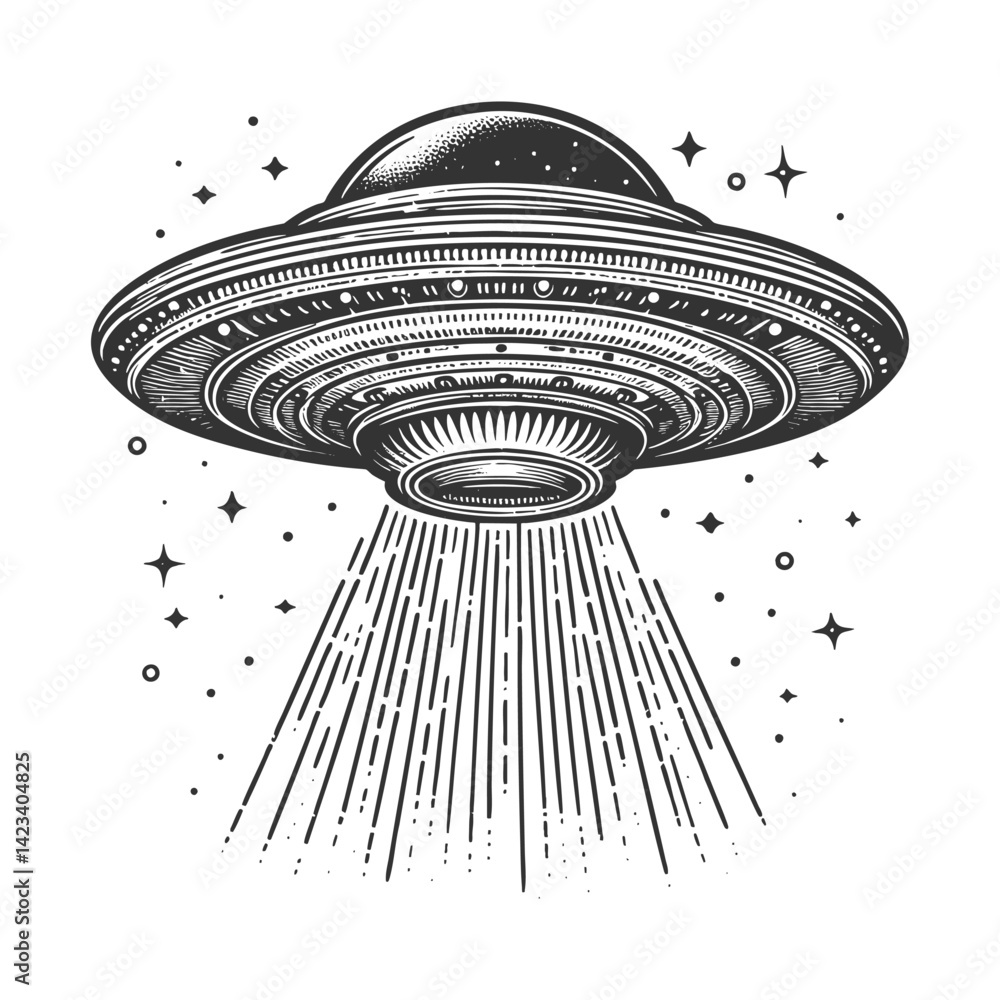 Poster ufo flying saucer emitting a powerful beam of light, blending retro sci-fi with a mysterious extrate