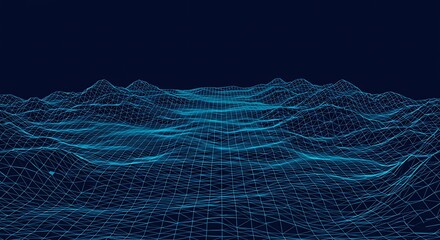 Abstract Wireframe Landscape Visualization: Network Grid Topology Forming Mountain Terrain, Modern Blue Lines Against a Deep Midnight Blue Backdrop, Digital and Futuristic Design