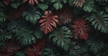 Lush, dark green & crimson tropical leaves, intricate pattern , background, exotic plants, exotic