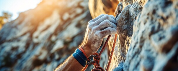 Climber securing rope on rocky cliff face during sunset climb