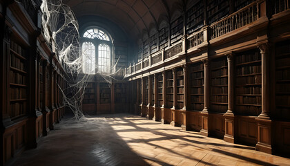 Spacious antique library filled with dusty books, illuminated by sunlight.  A large spiderweb hangs in the center