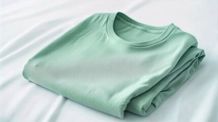 A neatly folded pale green long sleeve t-shirt rests on a white fabric background.