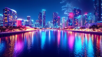 Fototapeta premium Neon Metropolis Reflections: A Vibrant Cityscape at Night with Water Reflection