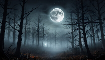 Spooky, misty forest under a full moon