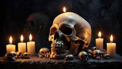 Still life of a skull surrounded by candles and small skulls