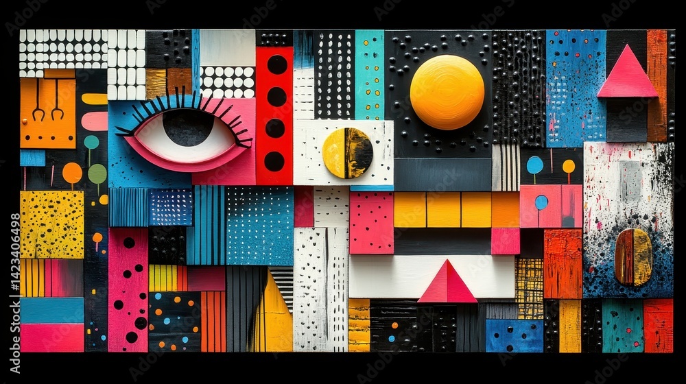 Poster colorful abstract composition of geometric shapes and patterns.