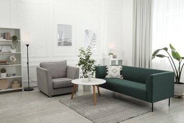 Stylish living room interior. Comfortable sofa, armchair, coffee table and houseplants indoors