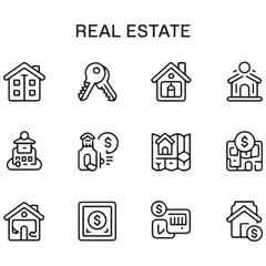 Real Estate Line black Icon Set. A comprehensive collection of stylish and professional icons designed for the real estate industry, perfect for enhancing property listings, websites,