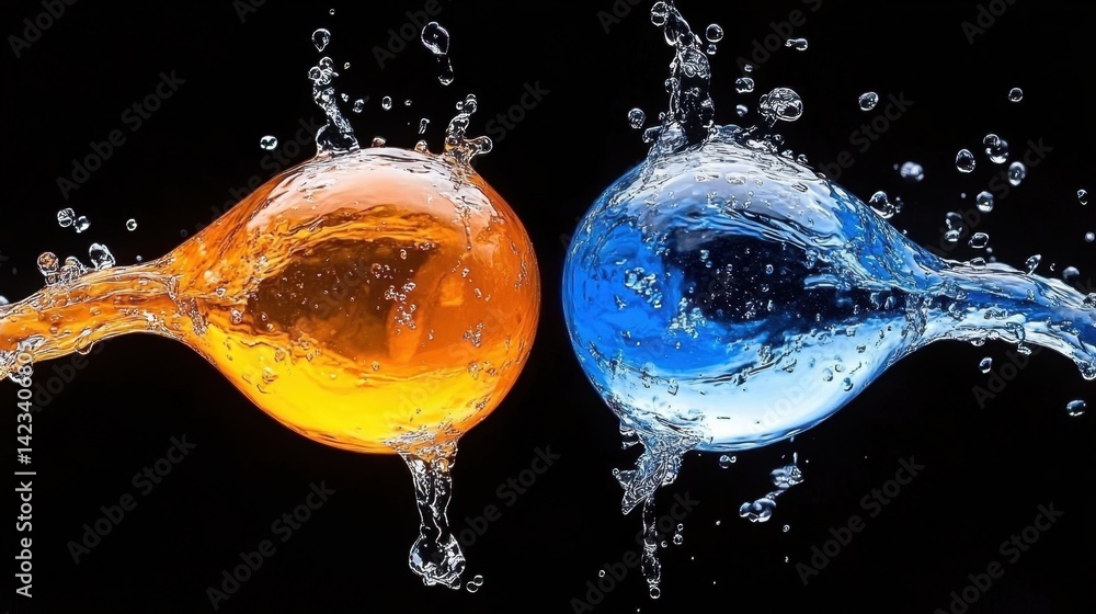 Poster two colored water bubbles interacting in a beautiful abstract display of light and reflection for ar