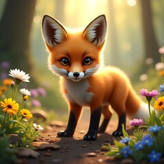 The puppies are walking around beautifully in the flower garden.