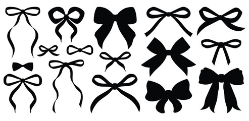 Simple hand drawn black ribbon bow collection. Bowknot for decoration, big set of bowtie. Large retro ribbon illustration set. Set of various cartoon bow knots, gift ribbons. Valentines day. Knot, tie