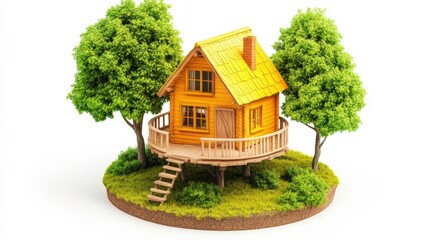 Naklejka premium Vibrant Wooden Treehouse Surrounded by Lush Greenery
