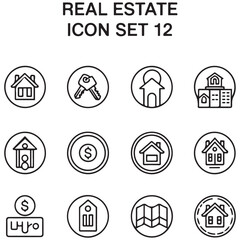 Real Estate Line black Icon Set. A comprehensive collection of stylish and professional icons designed for the real estate industry, perfect for enhancing property listings, websites,