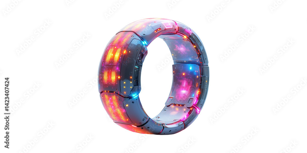Poster futuristic neon-illuminated ring device. advanced technology and digital innovation concept isolated